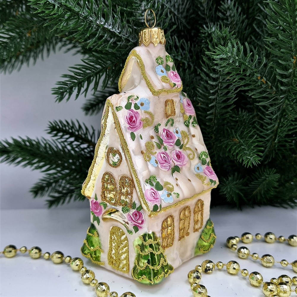 фото Стеклянная елочная игрушка Домик с острой крышей версаль