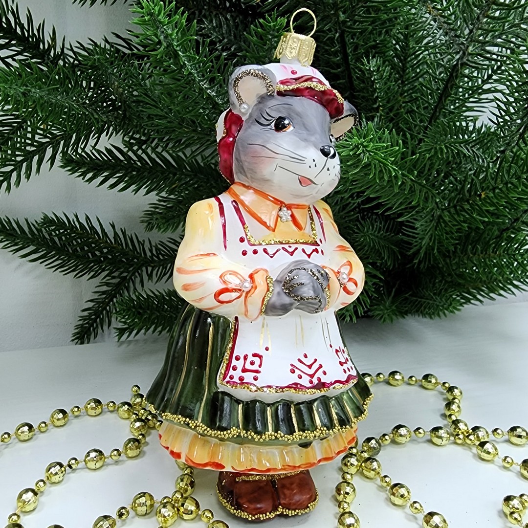 фото Стеклянная елочная игрушка Мышка Хозяйка