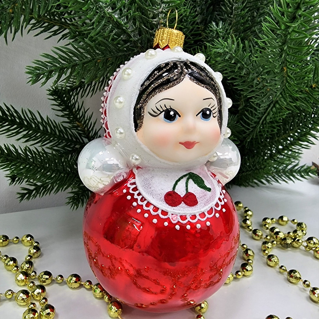 фото Стеклянная елочная игрушка Матрешка неваляшка