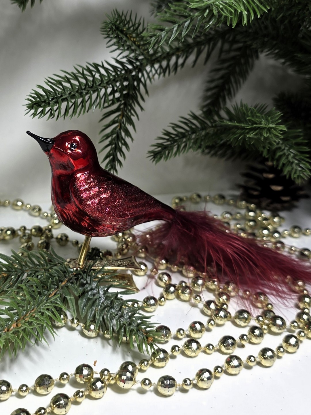 фото Стеклянная елочная игрушка Птичка на прищепке