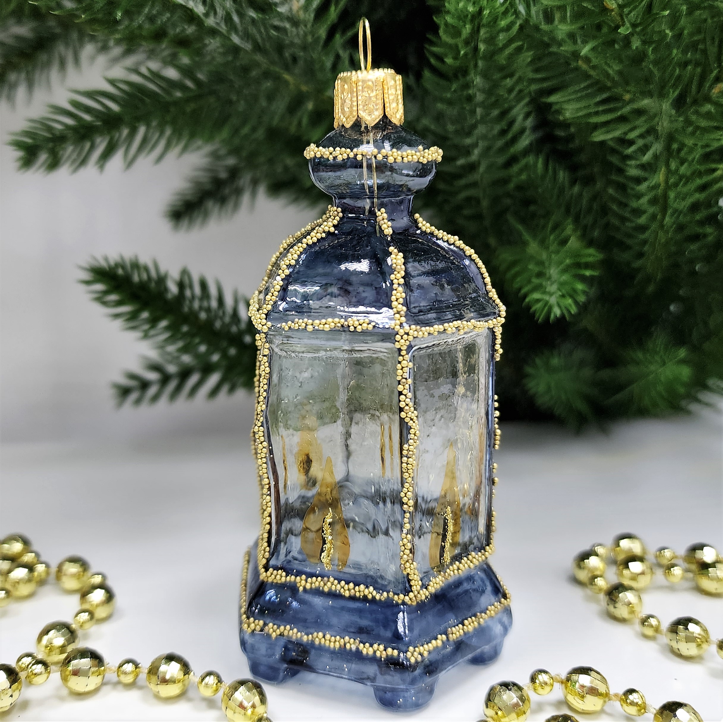 фото Стеклянная елочная игрушка Фонарик синий