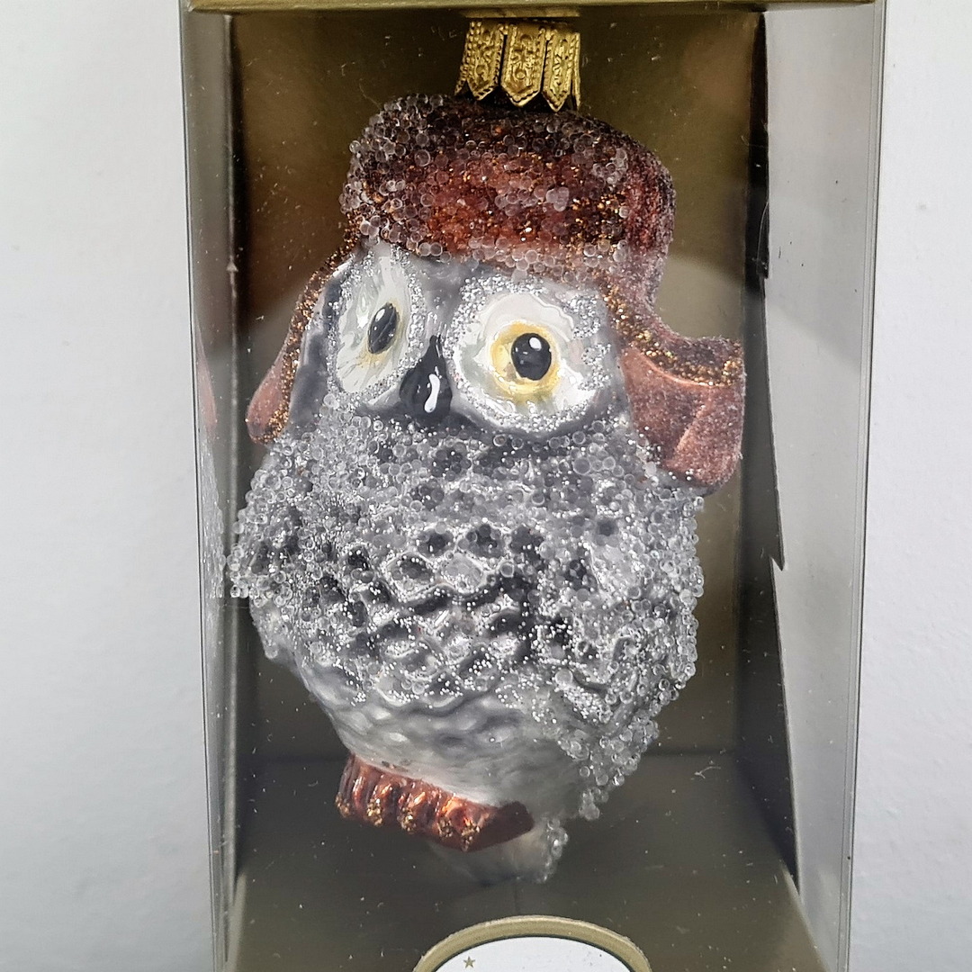 фото Стеклянная елочная игрушка Сова в ушанке-1