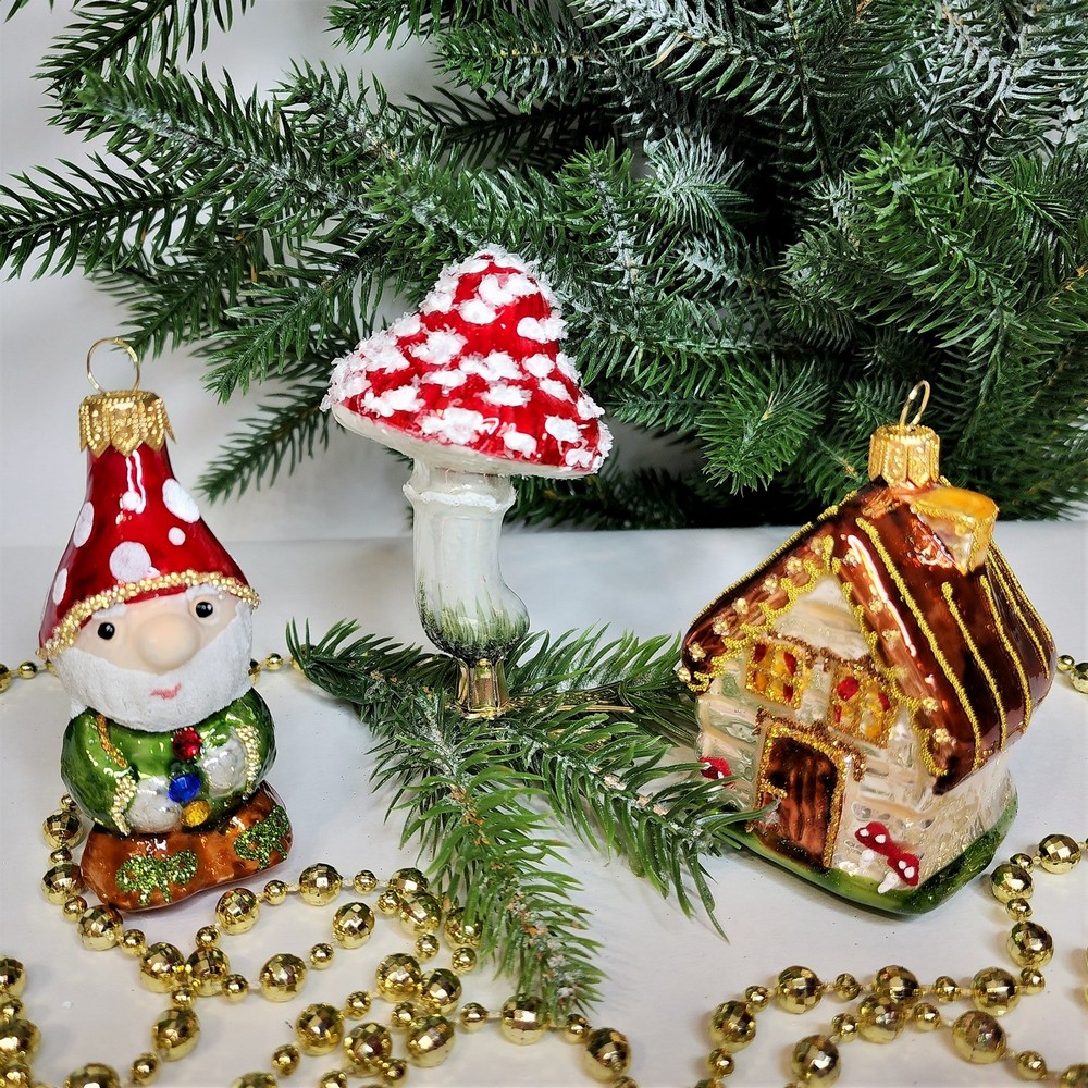 фото Набор ёлочных игрушек Гномик, домик и грибок