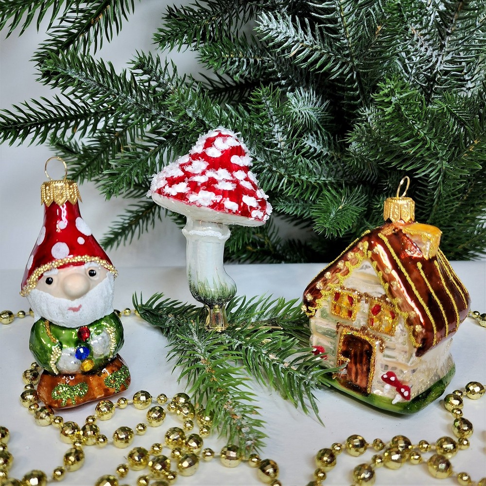 фото Набор ёлочных игрушек Гномик, домик и грибок