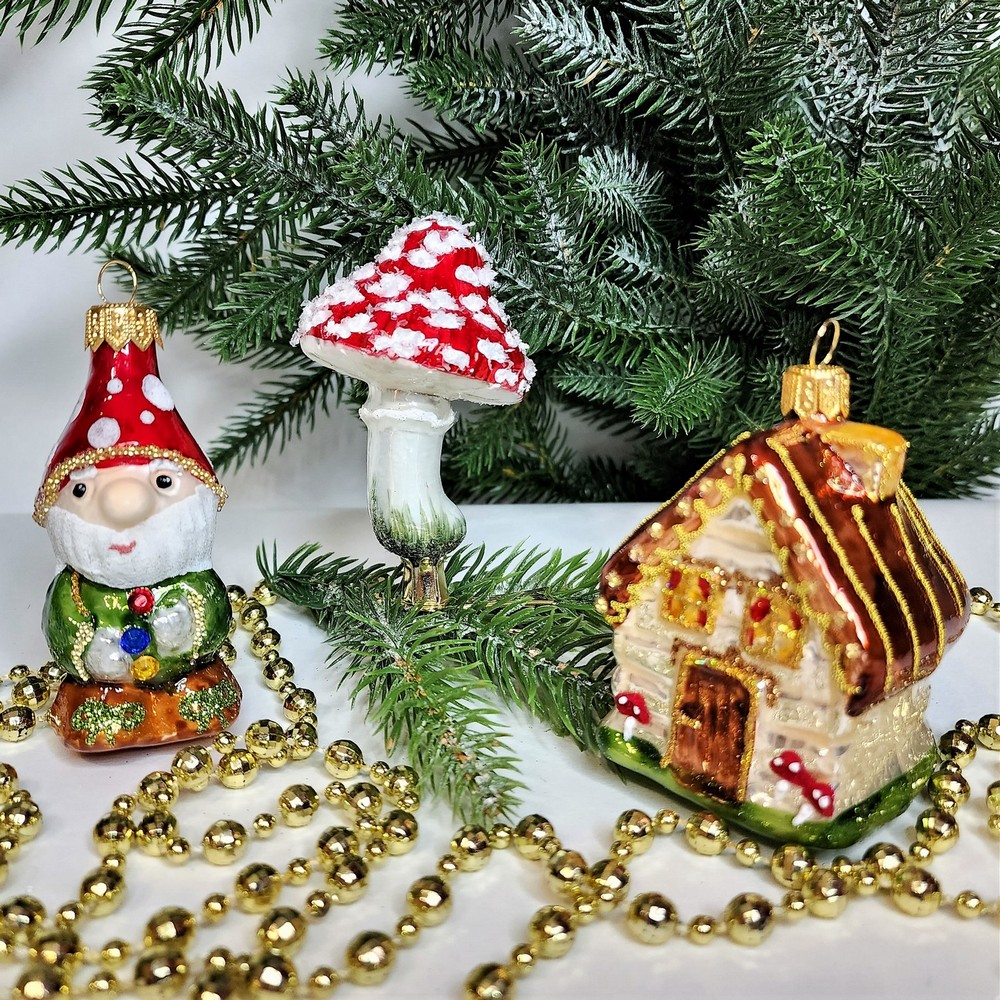 фото Набор ёлочных игрушек Гномик, домик и грибок