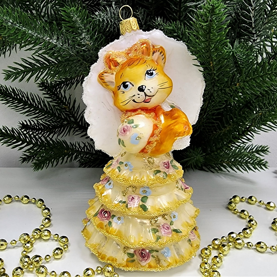 фото Стеклянная елочная игрушка Кошка с зонтиком версаль