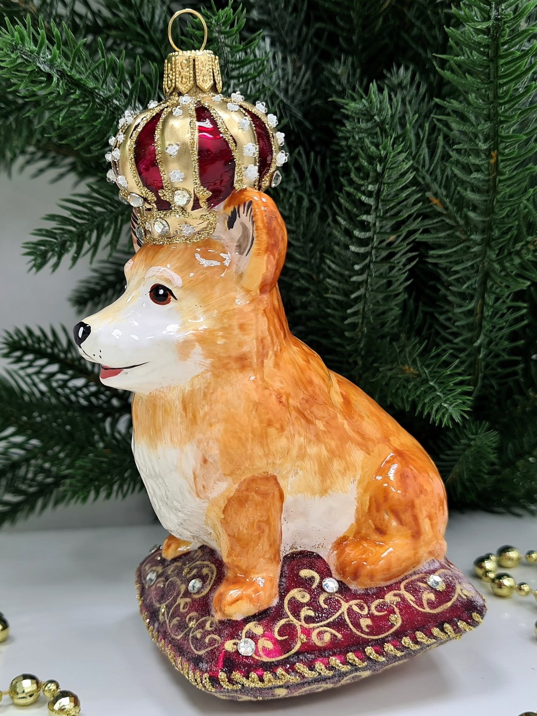 фото Стеклянная елочная игрушка Корги в короне