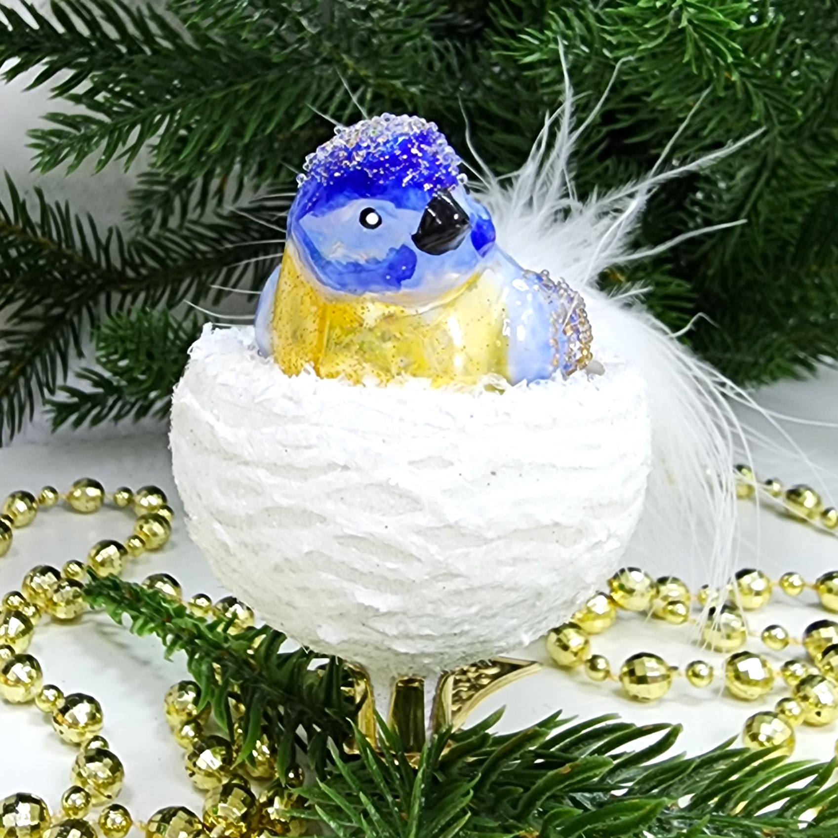 фото Стеклянная елочная игрушка Синичка в гнезде на прищепке