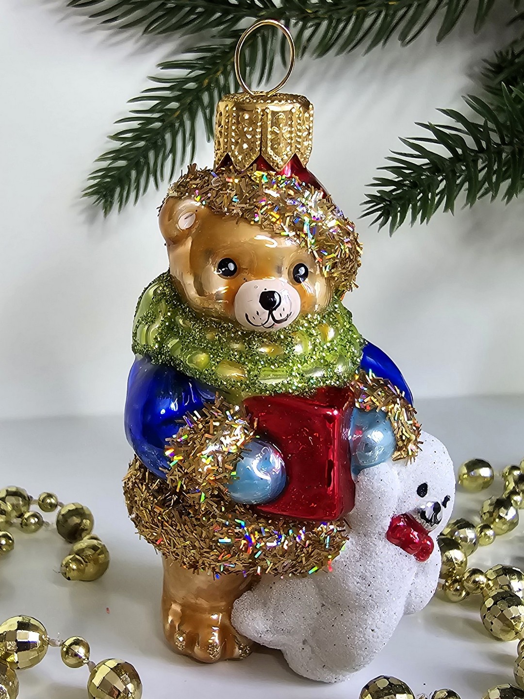 фото Стеклянная елочная игрушка Мишка с мишкой