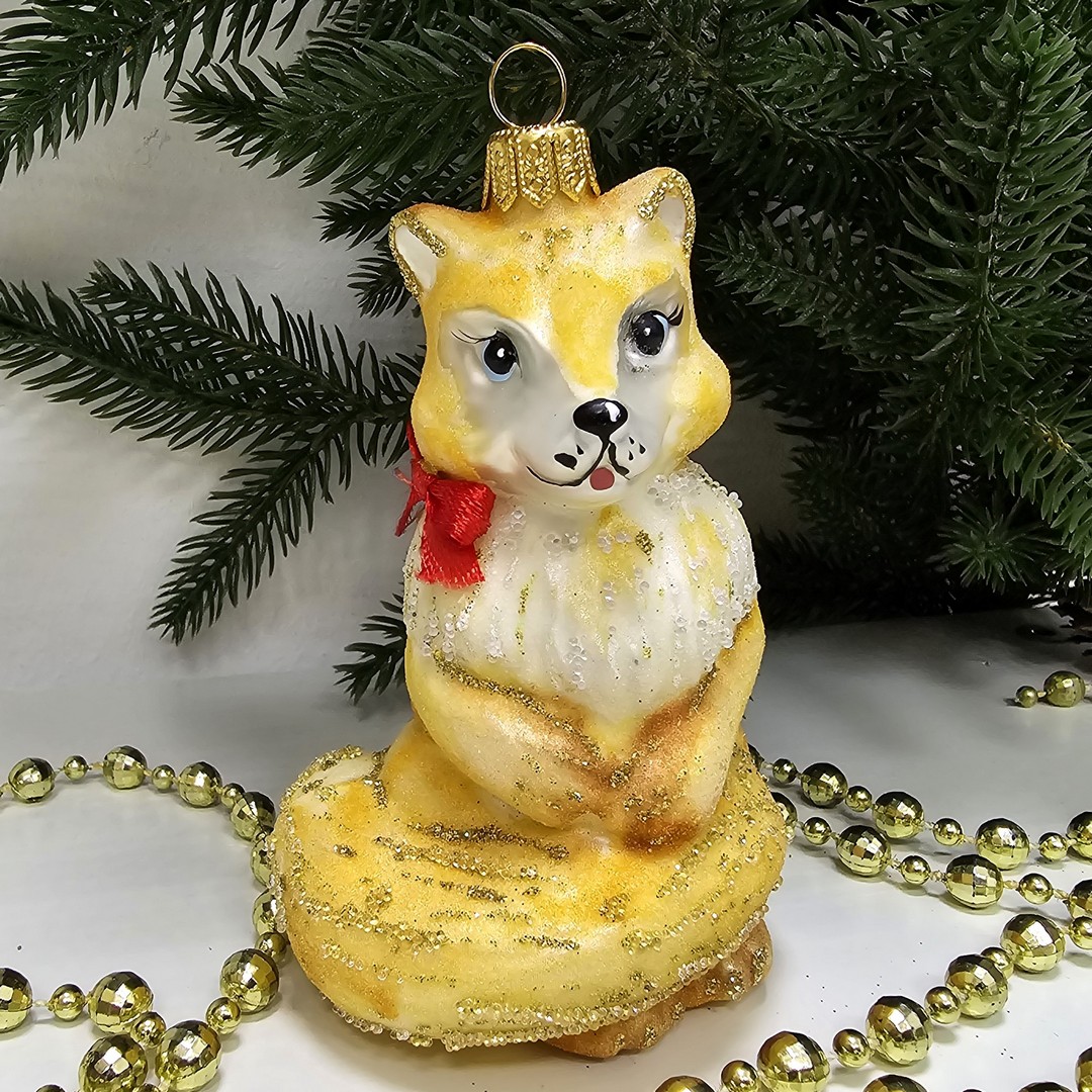 фото Стеклянная елочная игрушка Лисичка на хвостике сахар