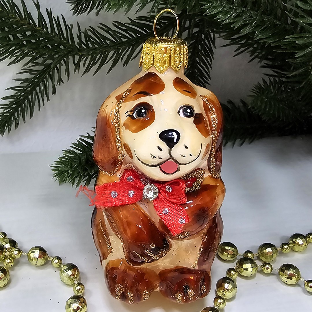 фото Стеклянная елочная игрушка Щенок рыжий