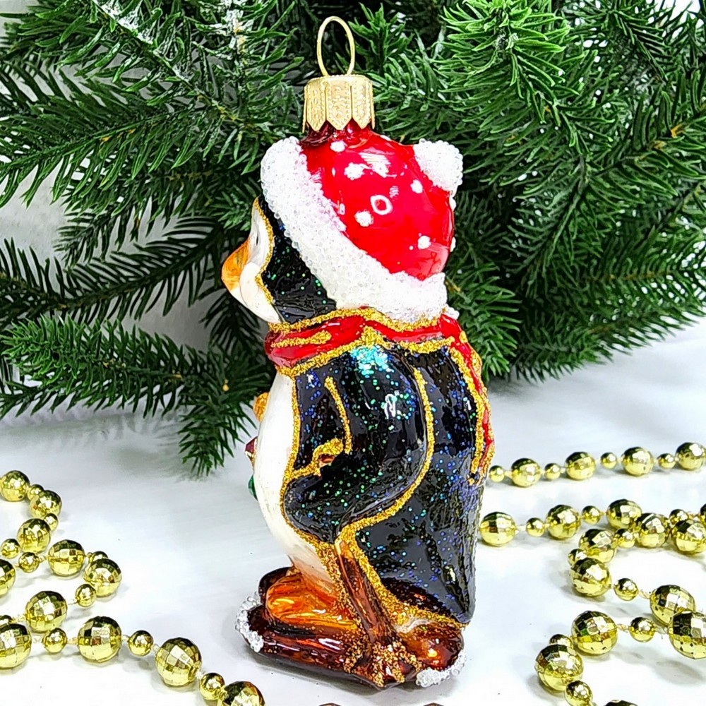 фото Стеклянная елочная игрушка Пингвин на лыжах