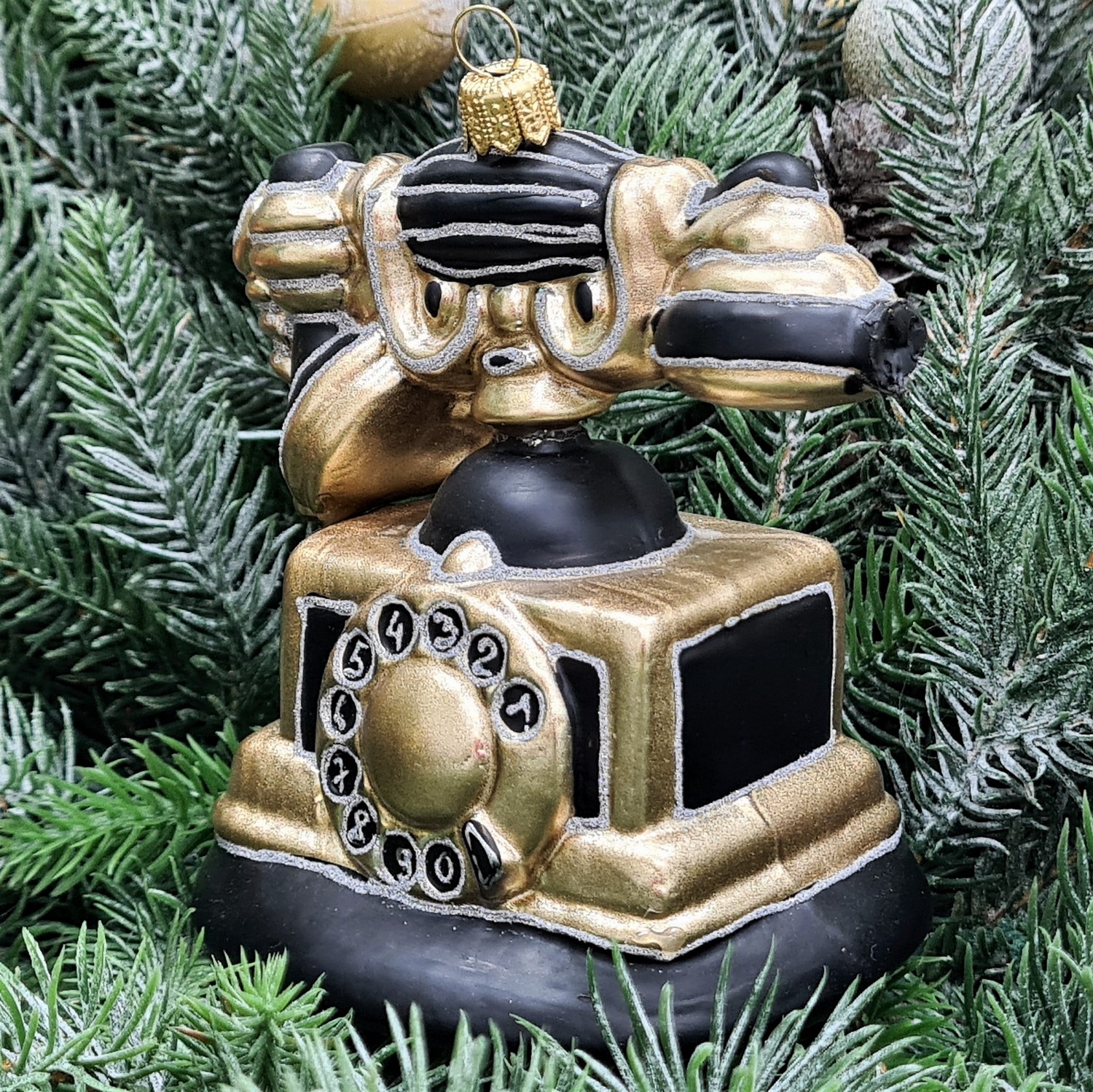 фото Стеклянная елочная игрушка Ретро телефон черный с золотом