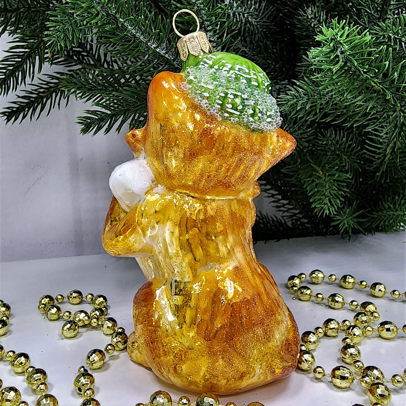 фото Стеклянная елочная игрушка Лисичка в шапке