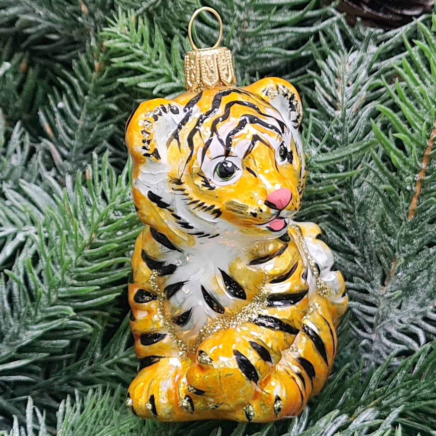 фото Стеклянная елочная игрушка Тигренок сидит