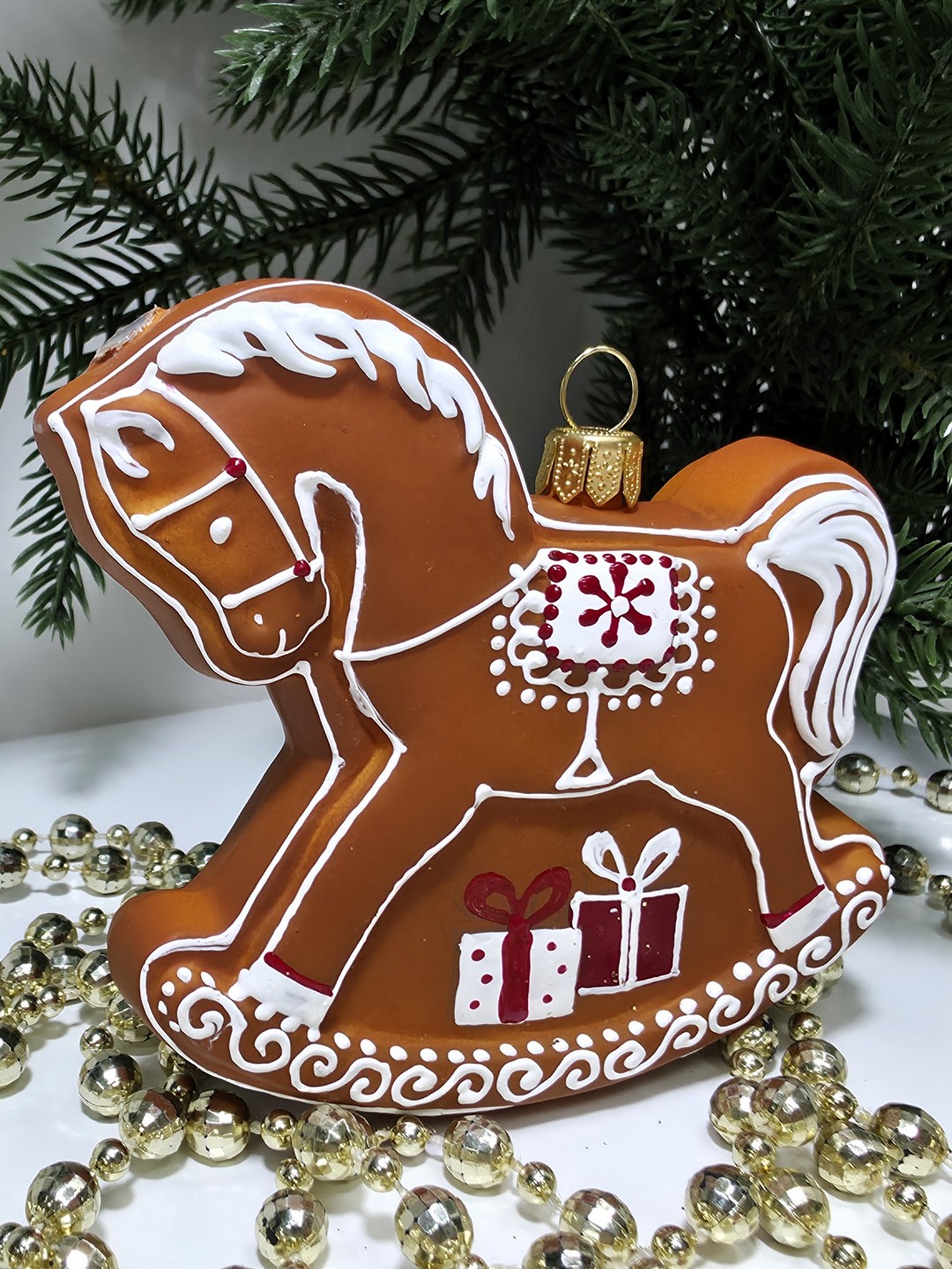 фото Стеклянная елочная игрушка Лошадка пряник