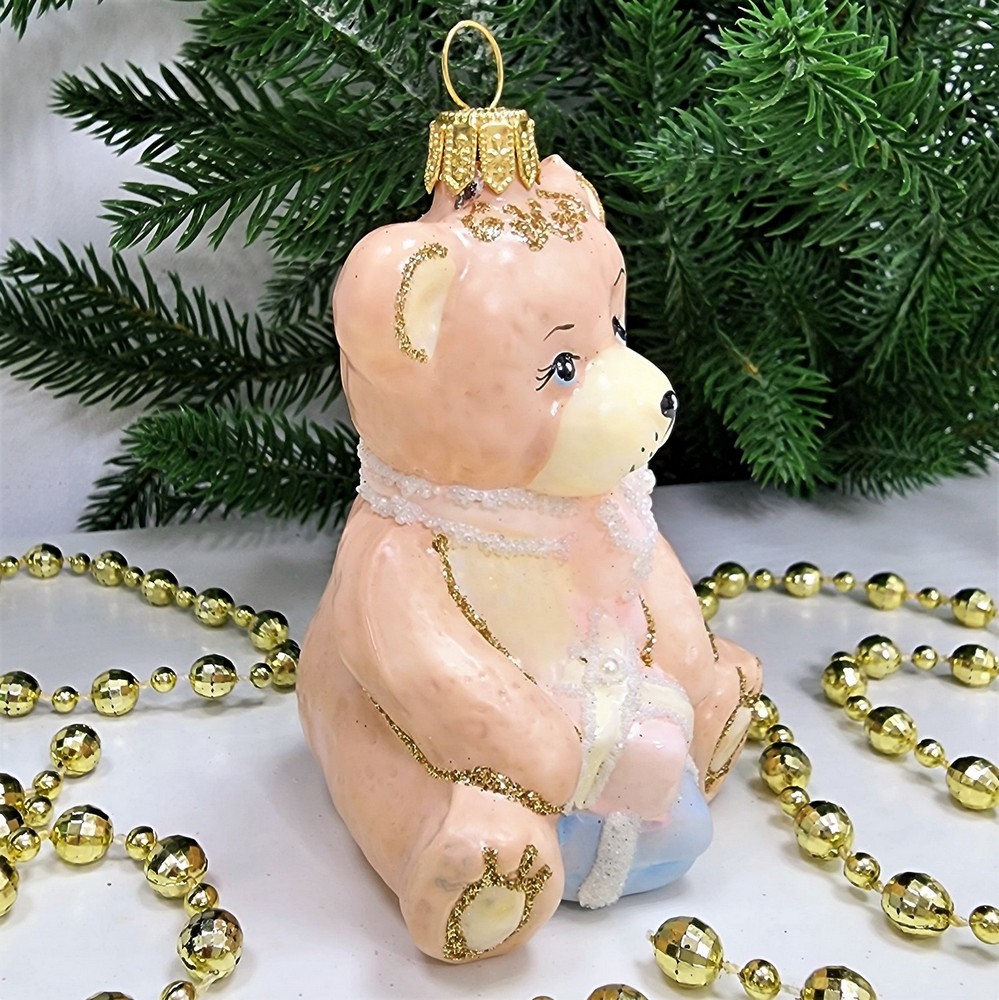 фото Стеклянная елочная игрушка Мишка с подарками детский