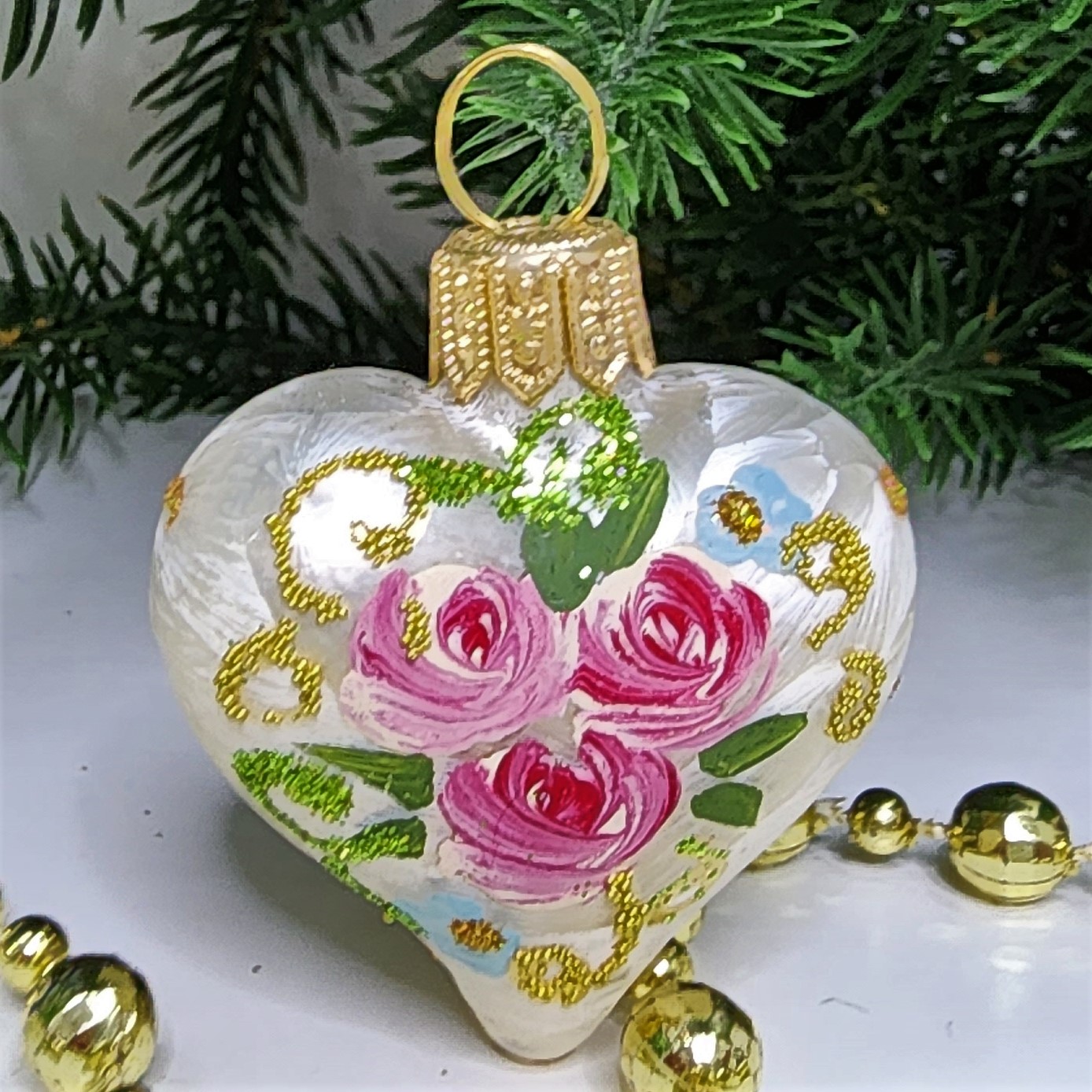 фото Стеклянная елочная игрушка Сердечко версаль малое