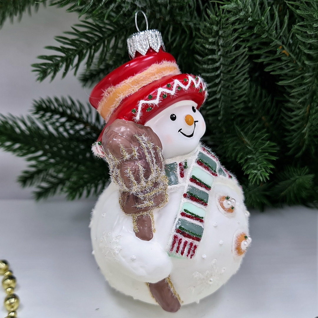 фото Стеклянная елочная игрушка Снеговик с метлой