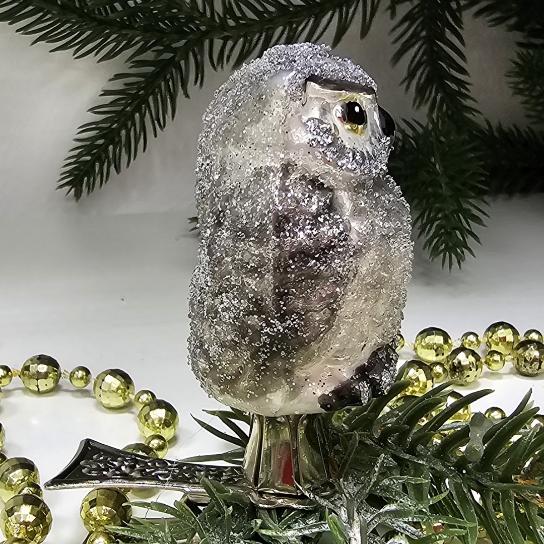 фото Стеклянная елочная игрушка Сова на прищепке