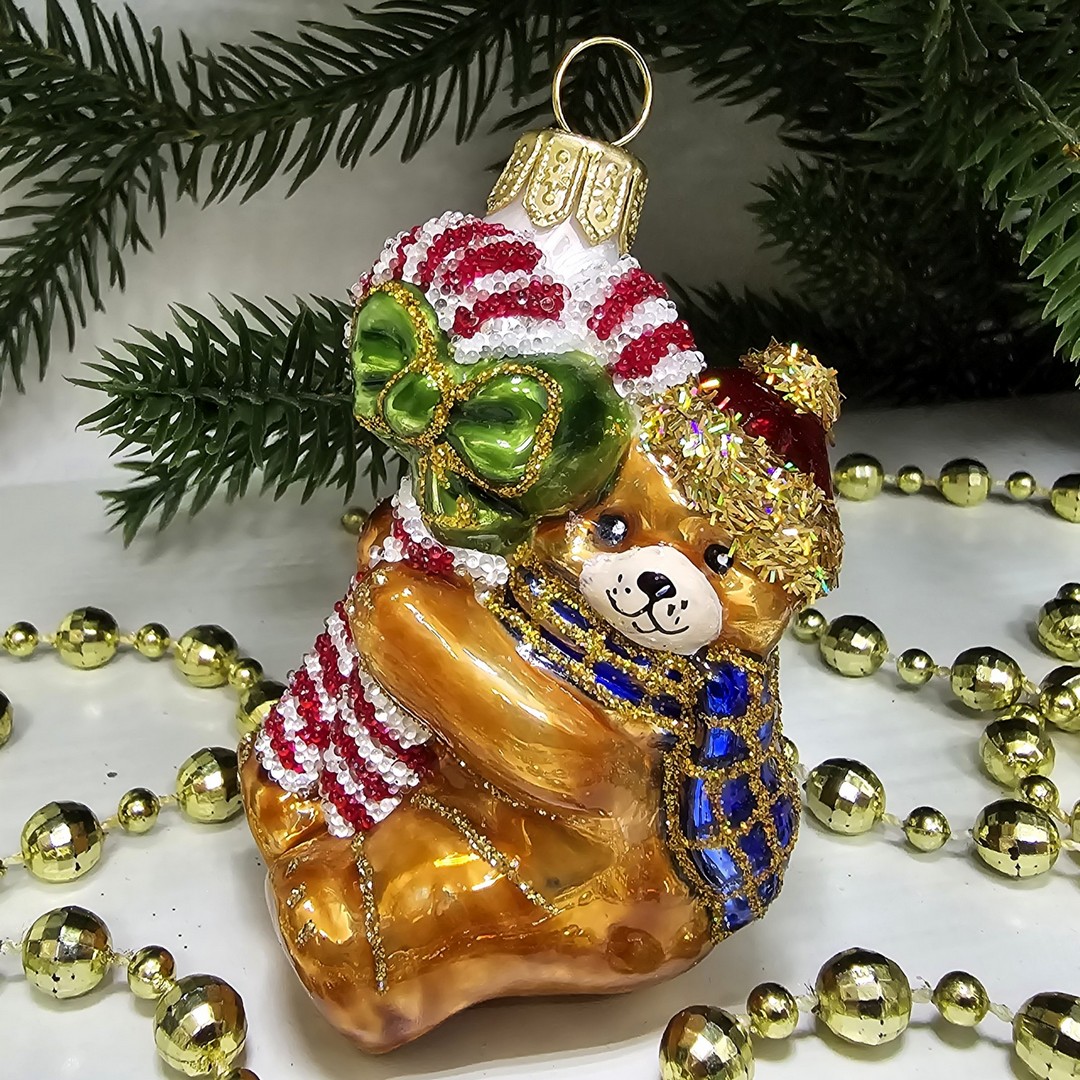 фото Стеклянная елочная игрушка Мишка с сахарной палочкой