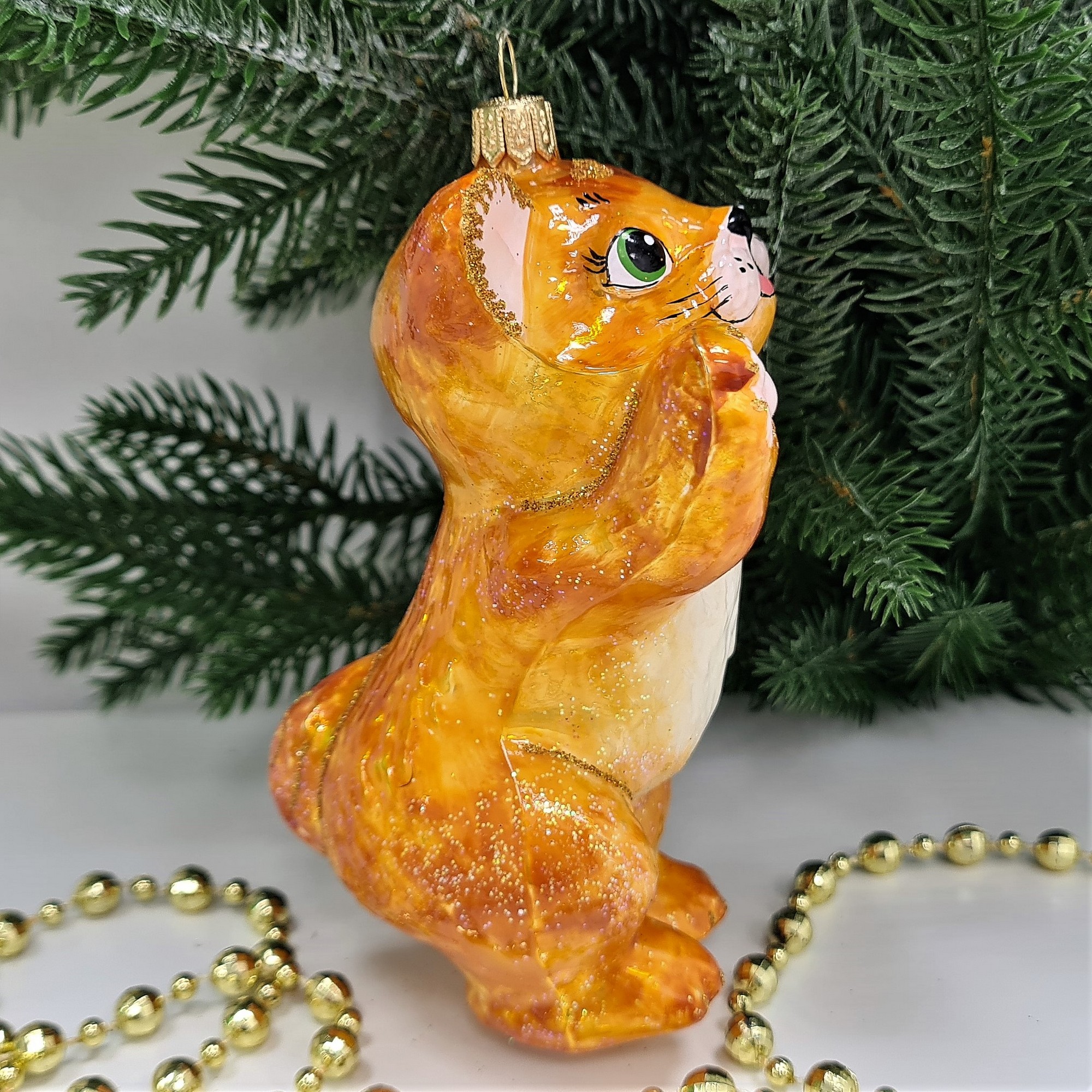 фото Стеклянная елочная игрушка Рыжий котик