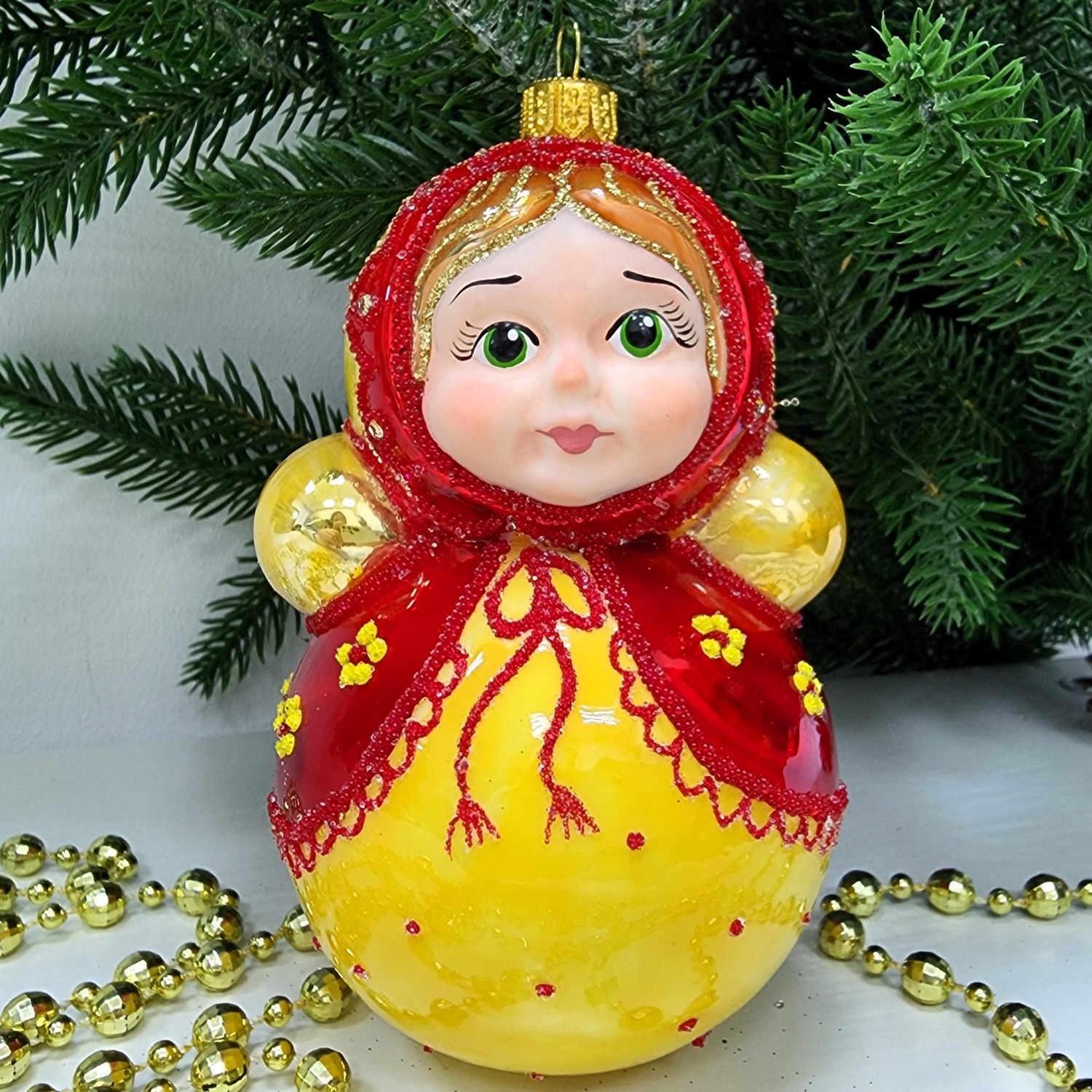 фото Стеклянная елочная игрушка Матрешка неваляшка