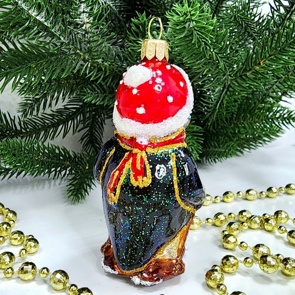 фото Стеклянная елочная игрушка Пингвин на лыжах