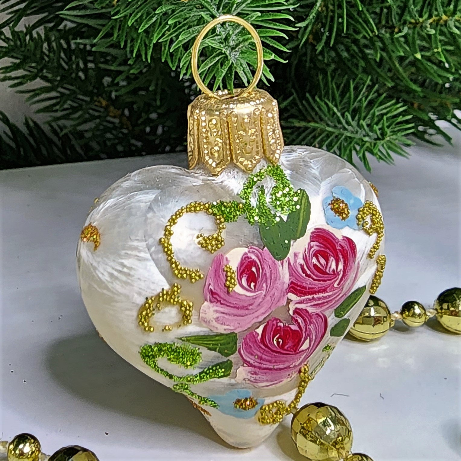 фото Стеклянная елочная игрушка Сердечко версаль малое