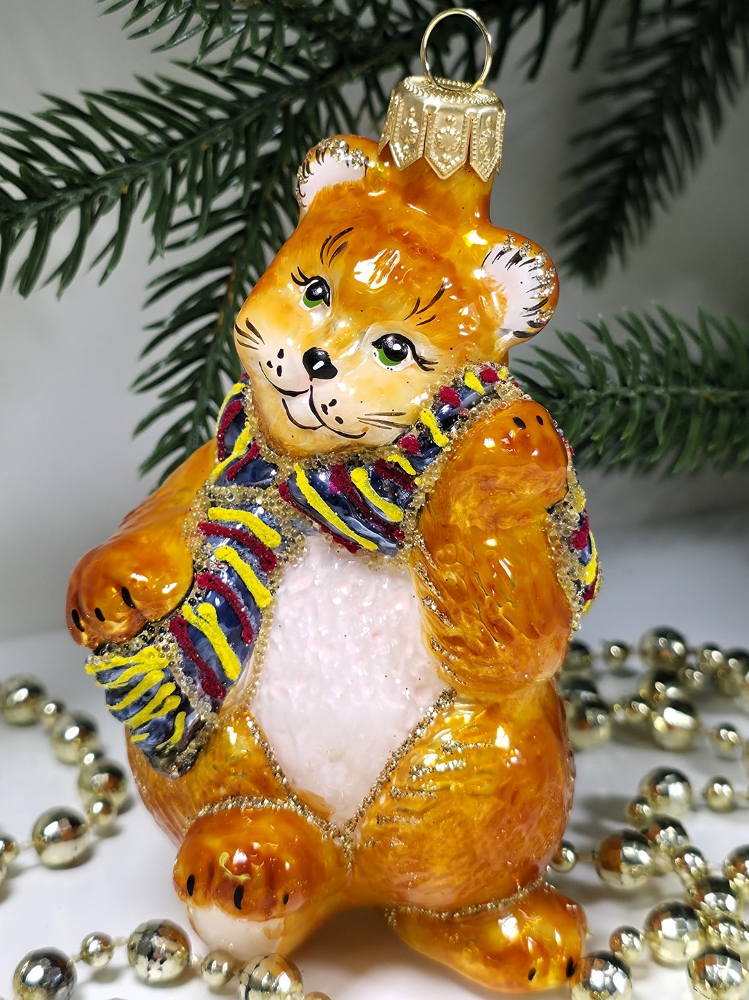 фото Стеклянная елочная игрушка Котик в шарфе