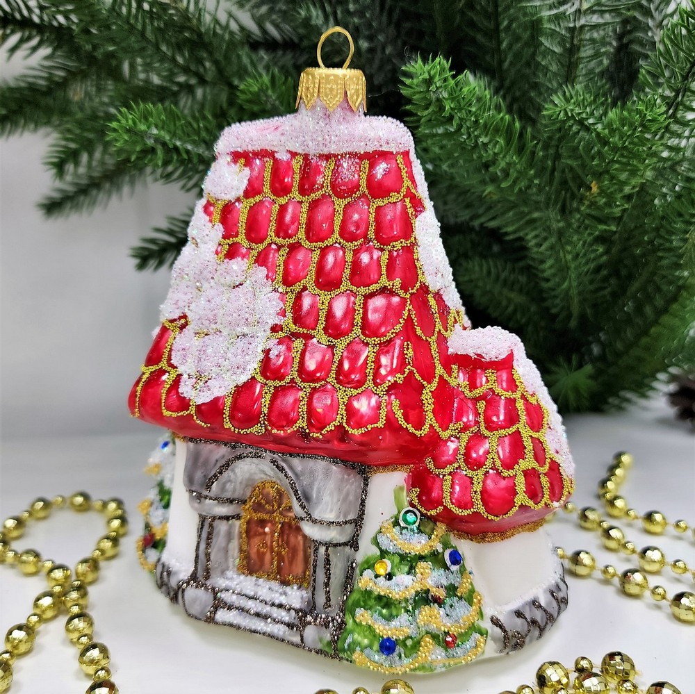 фото Стеклянная елочная игрушка Домик Мельница