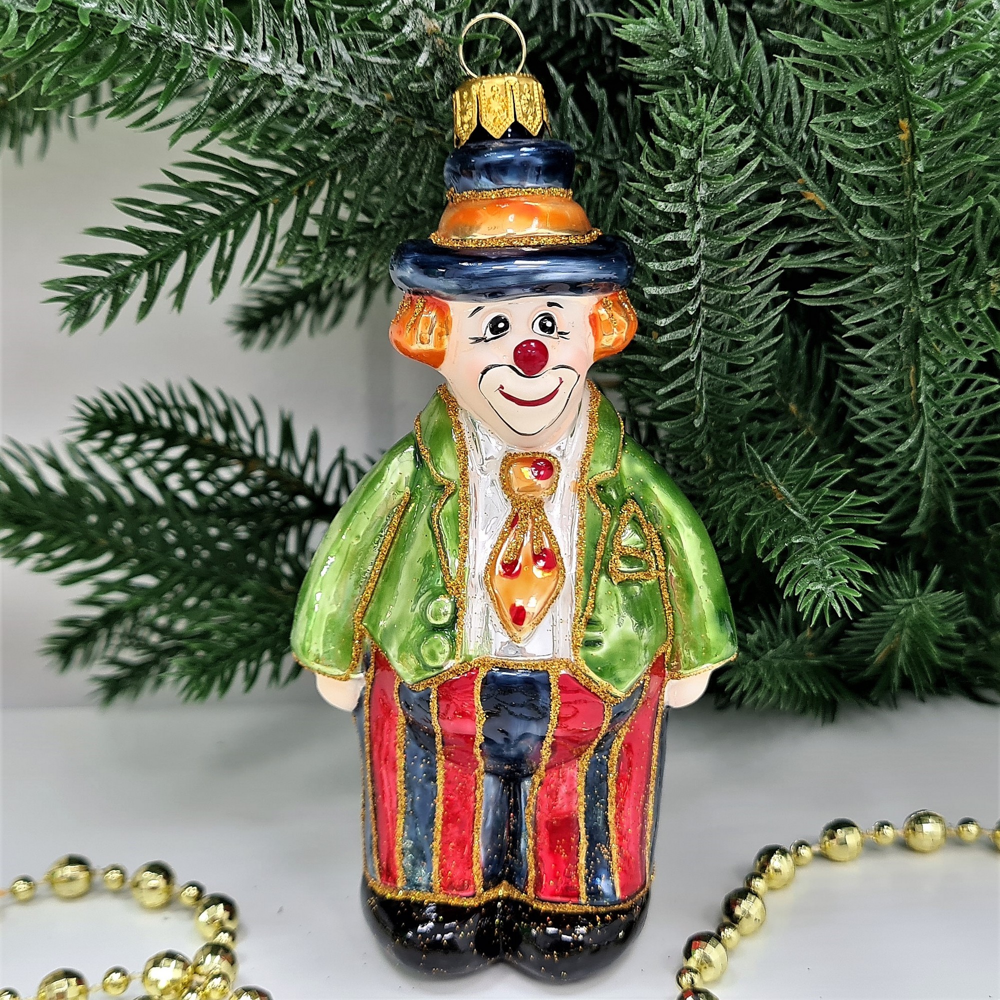 фото Стеклянная елочная игрушка Клоун в галстуке