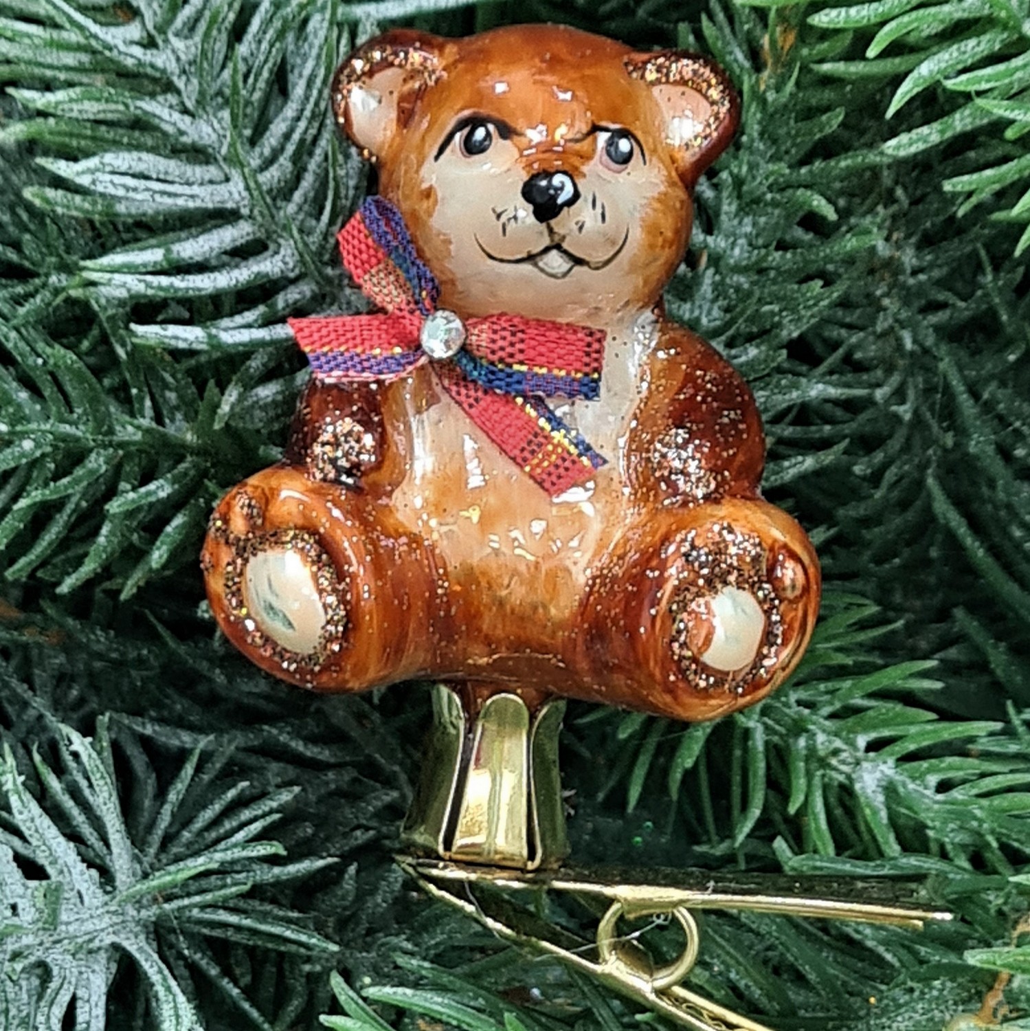 фото Стеклянная елочная игрушка Мишка на прищепке