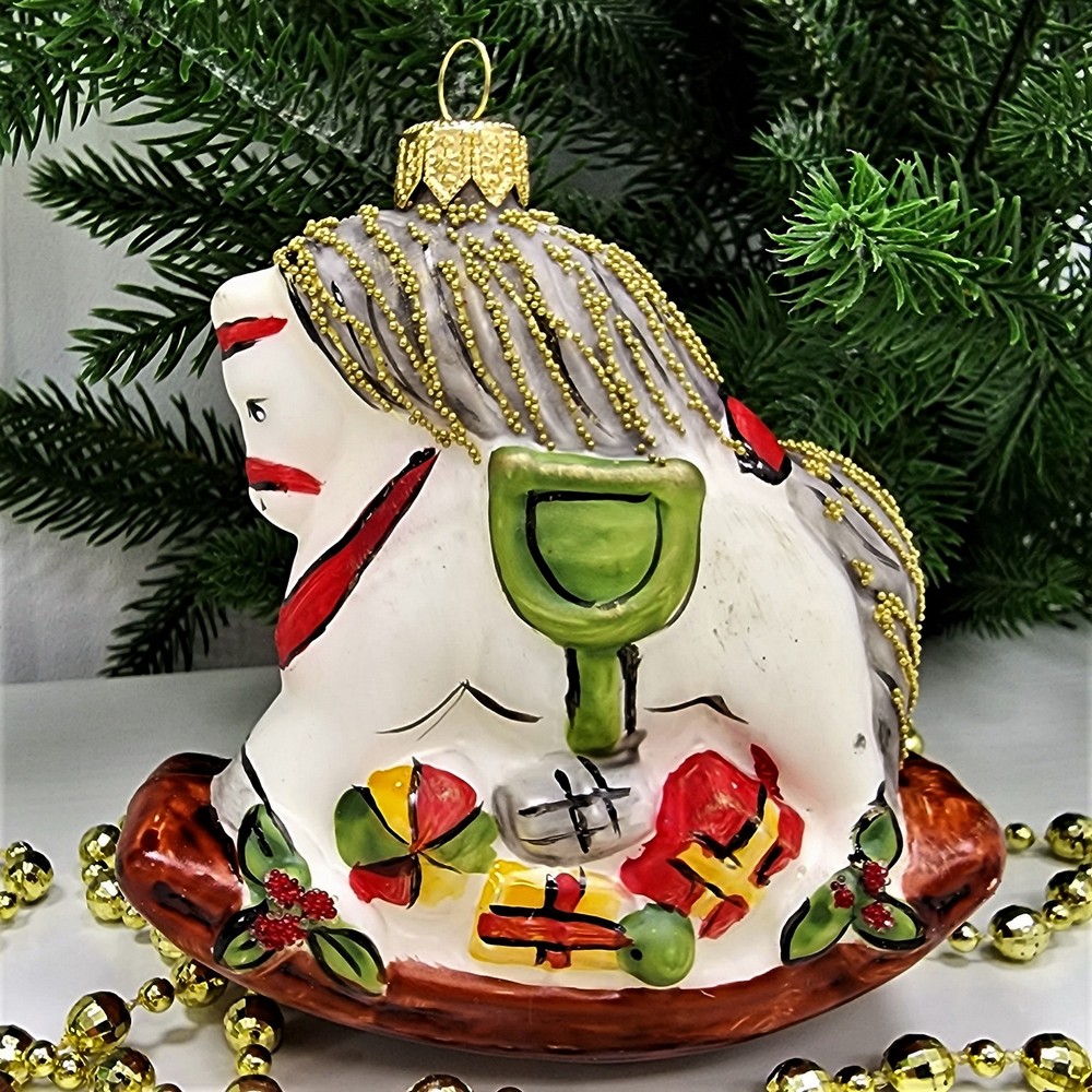 фото Стеклянная елочная игрушка Лошадка-качалка винтаж