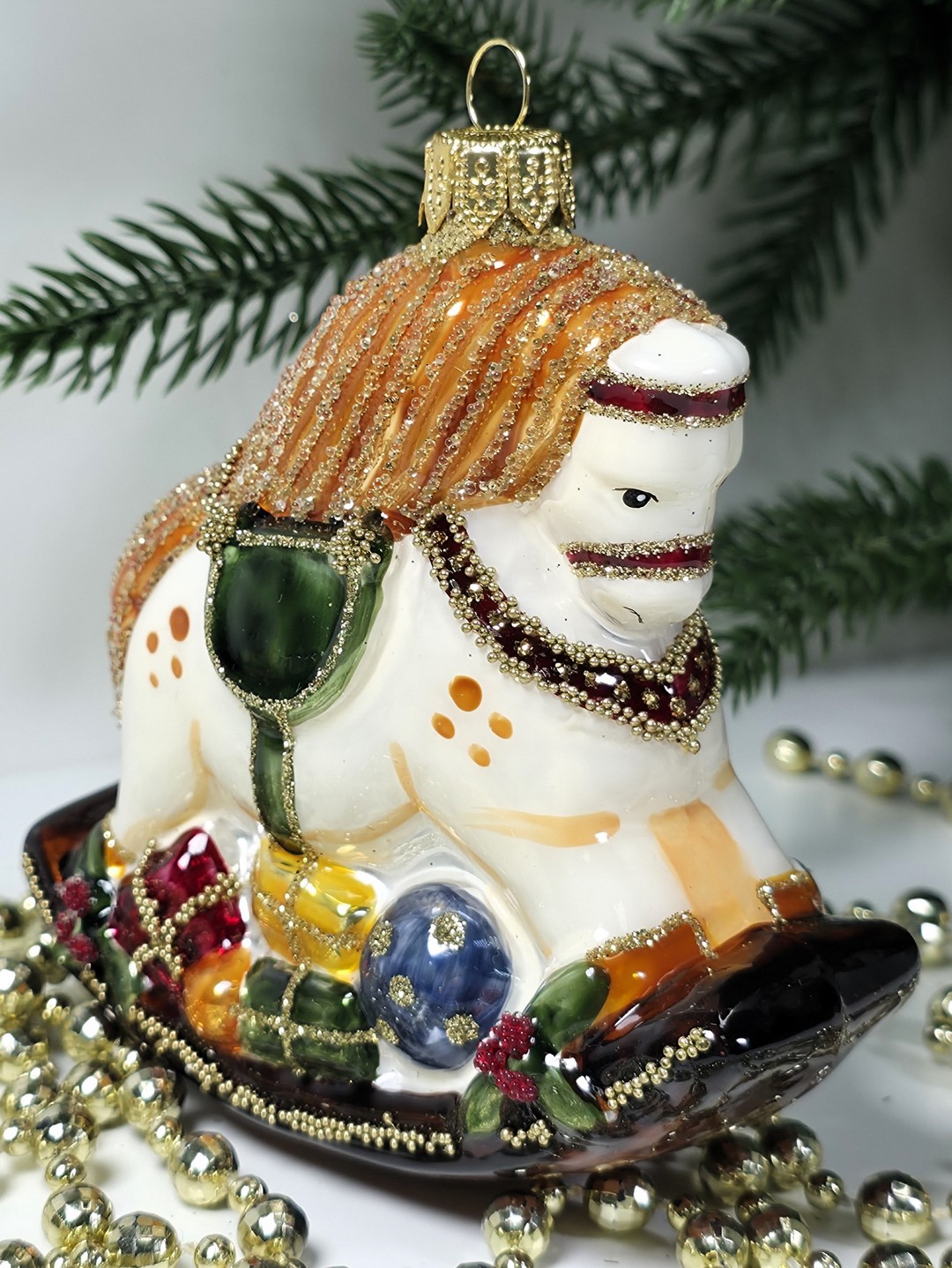 фото Стеклянная елочная игрушка Лошадка качалка