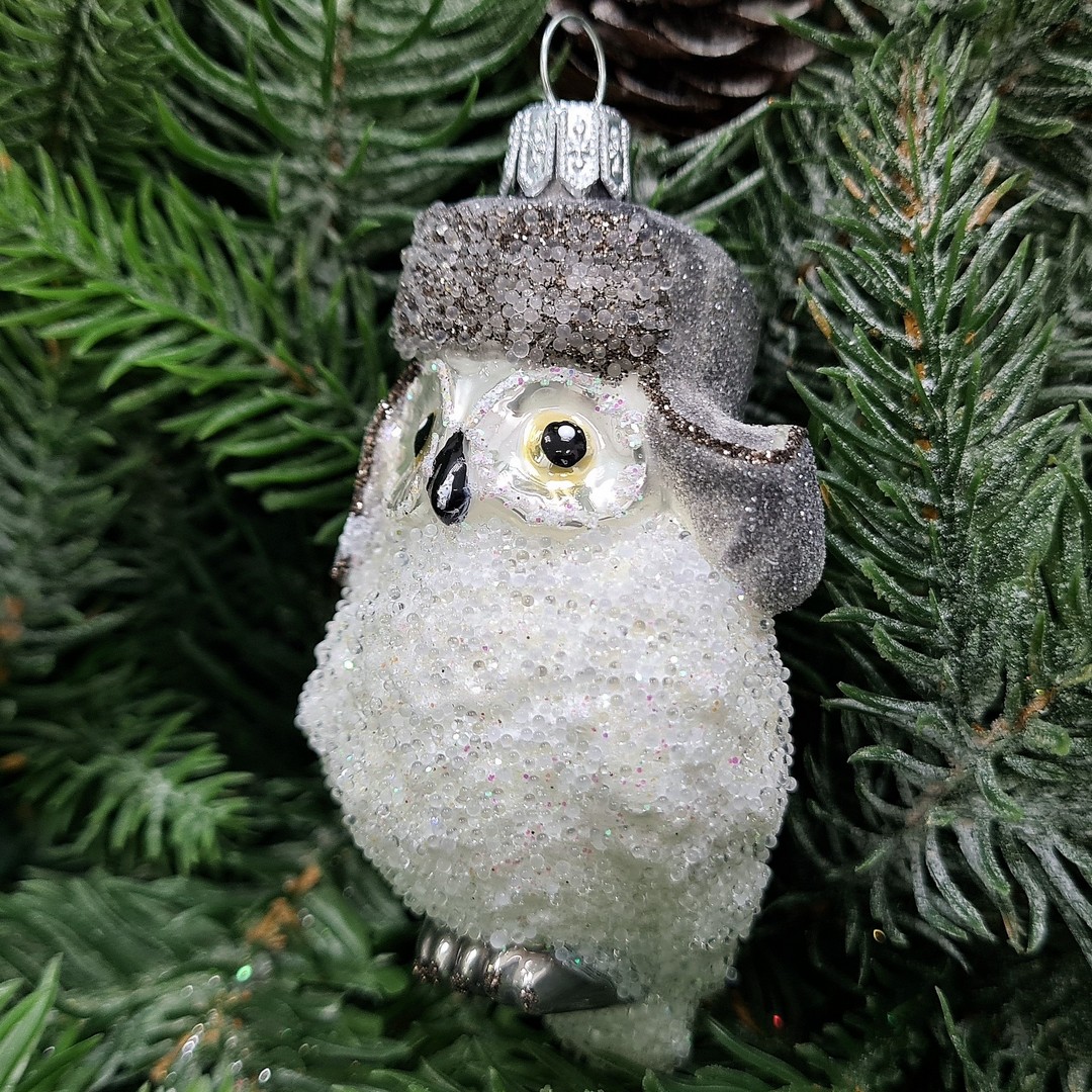 фото Стеклянная елочная игрушка Сова в ушанке-4