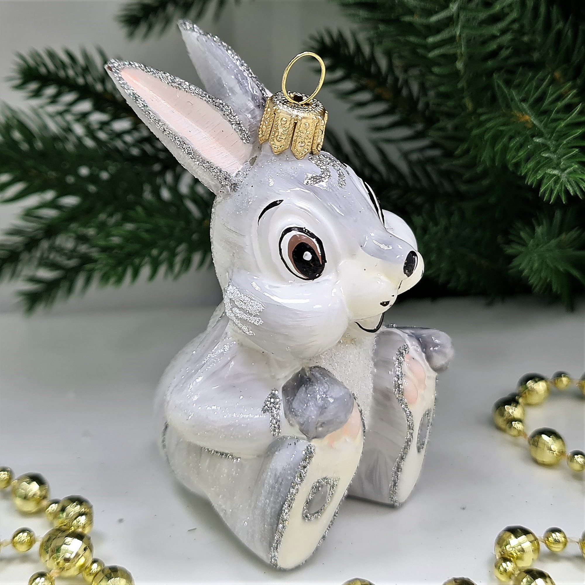 фото Стеклянная елочная игрушка Зайчик из Бемби