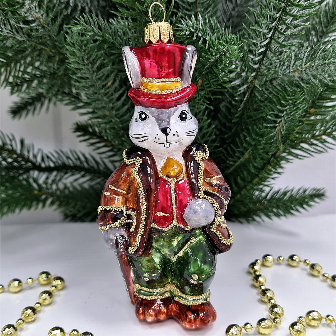 фото Стеклянная елочная игрушка Заяц джентельмен-1