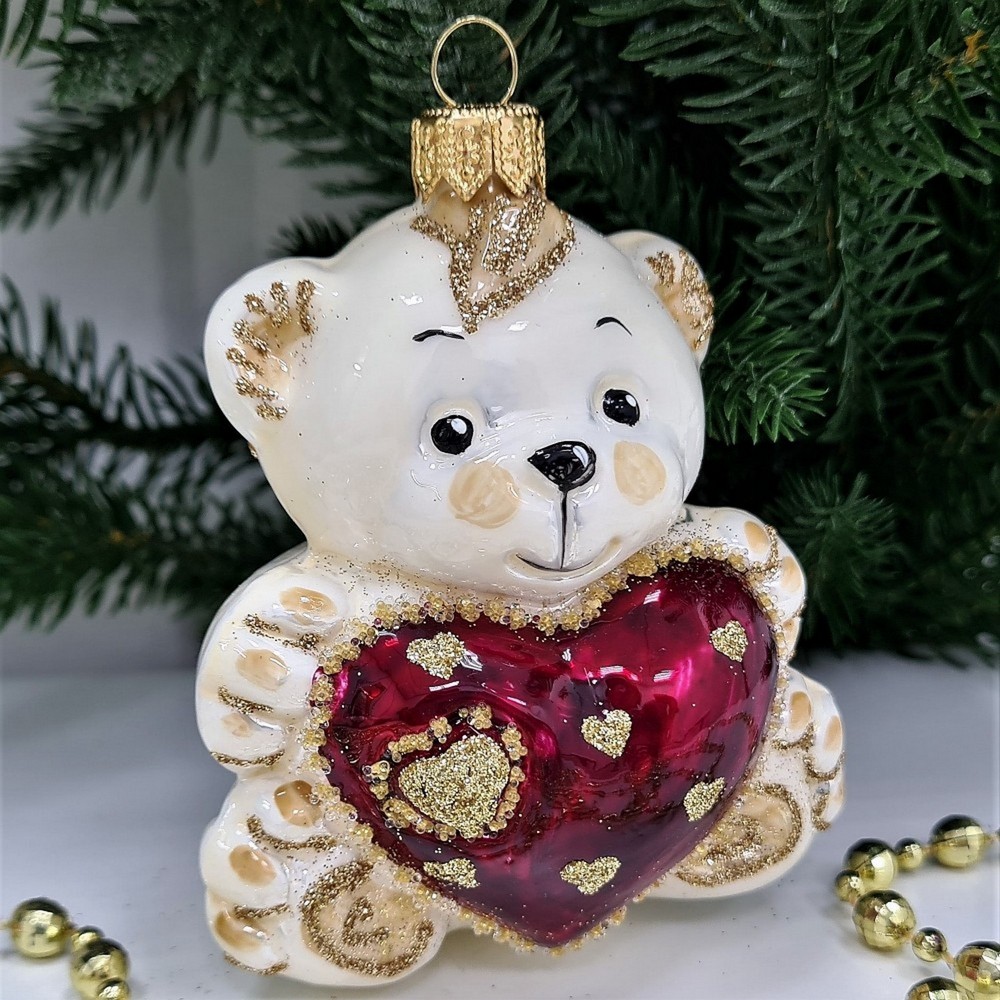 фото Стеклянная елочная игрушка Мишка с сердцем