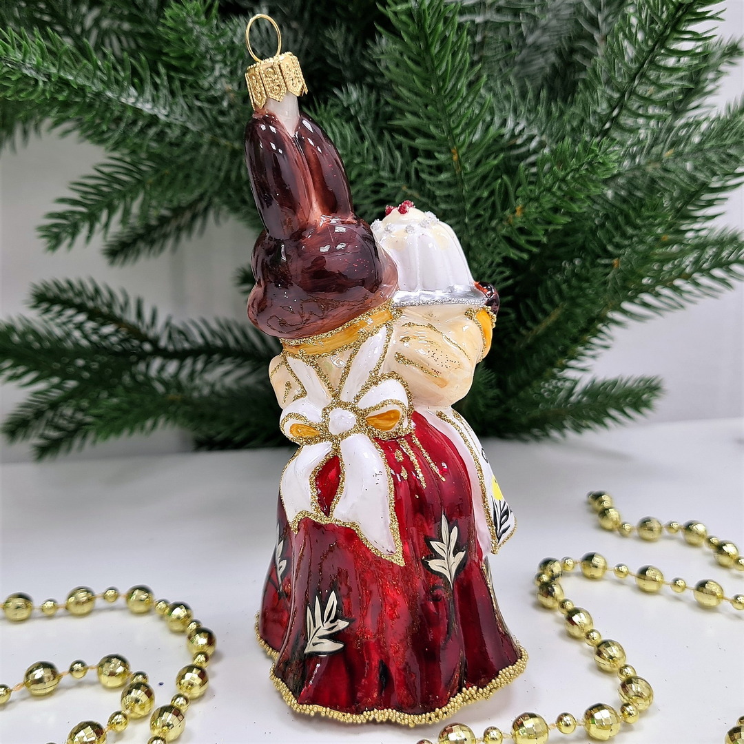 фото Стеклянная елочная игрушка Зайчиха с тортом-3