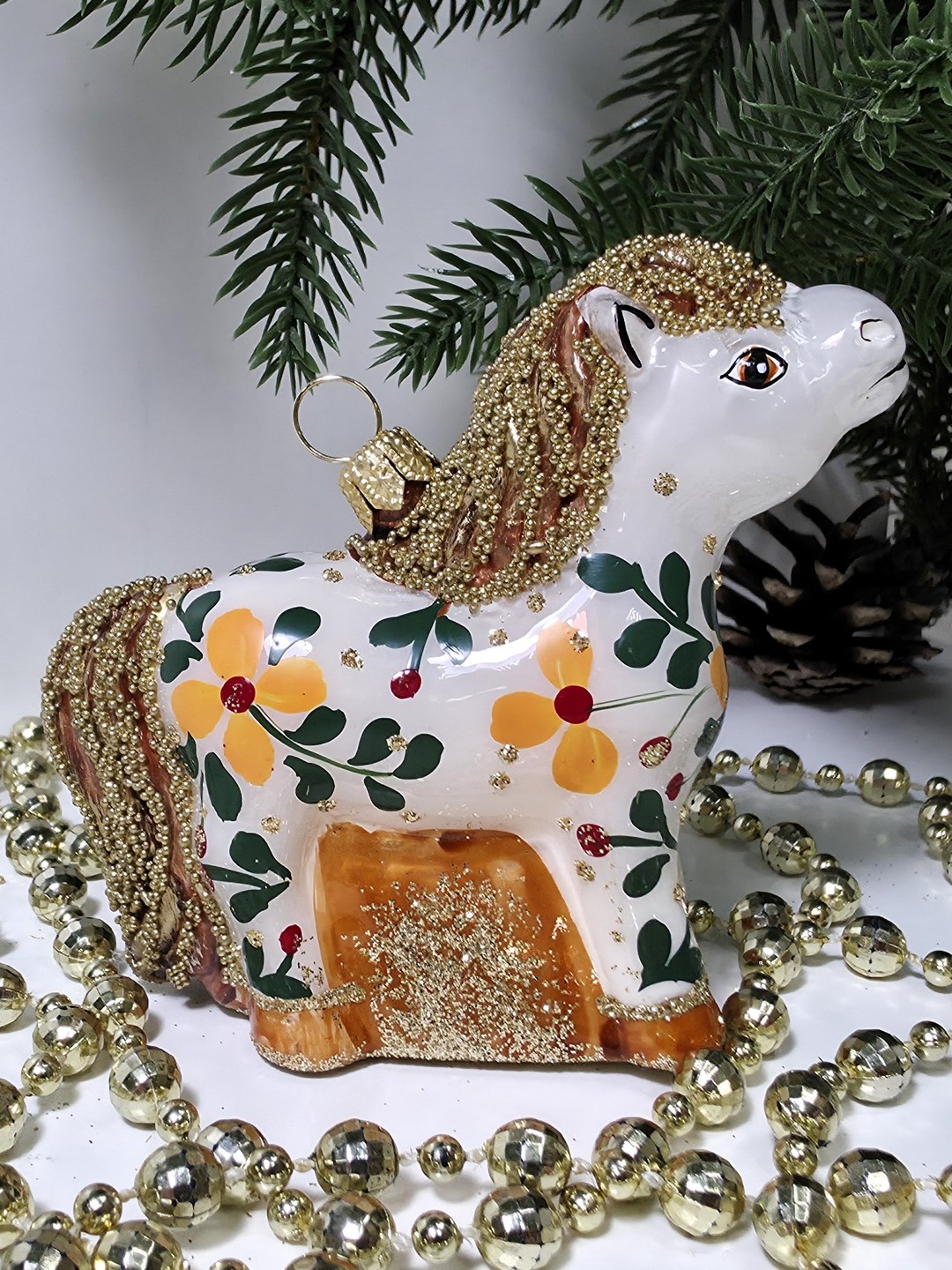 фото Стеклянная елочная игрушка Лошадка расписная