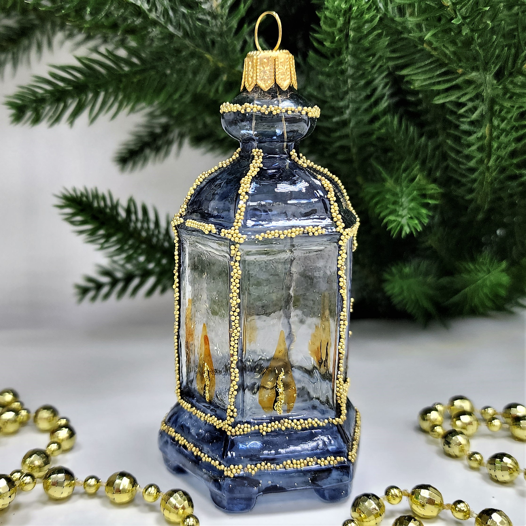 фото Стеклянная елочная игрушка Фонарик синий