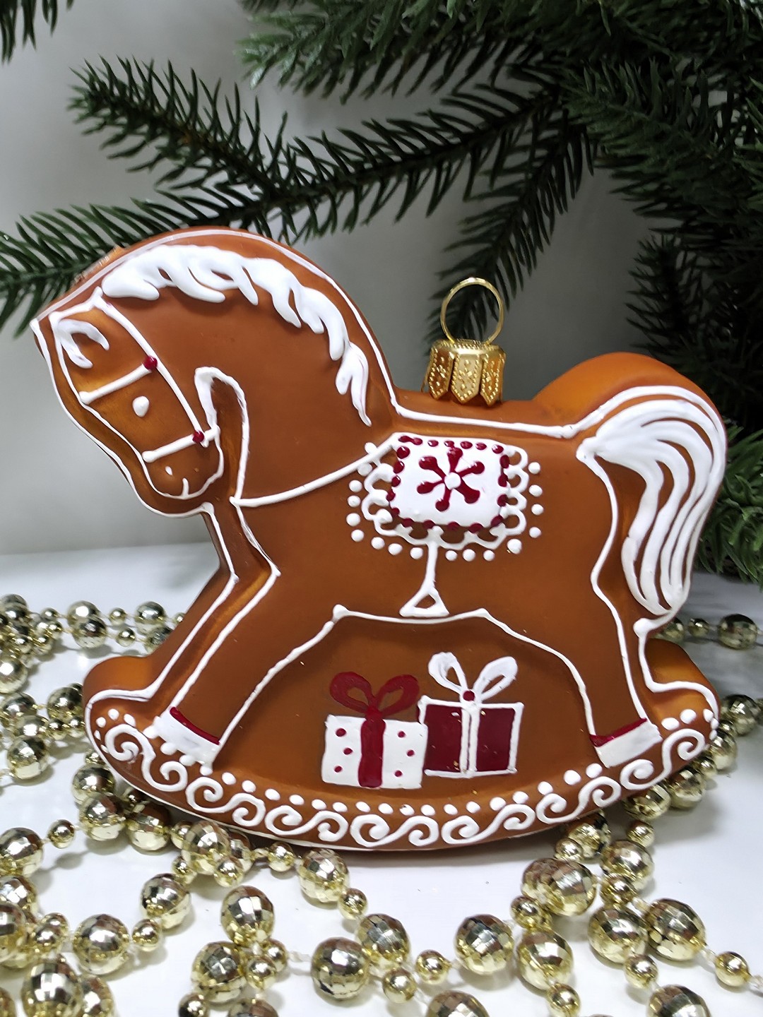 фото Стеклянная елочная игрушка Лошадка пряник