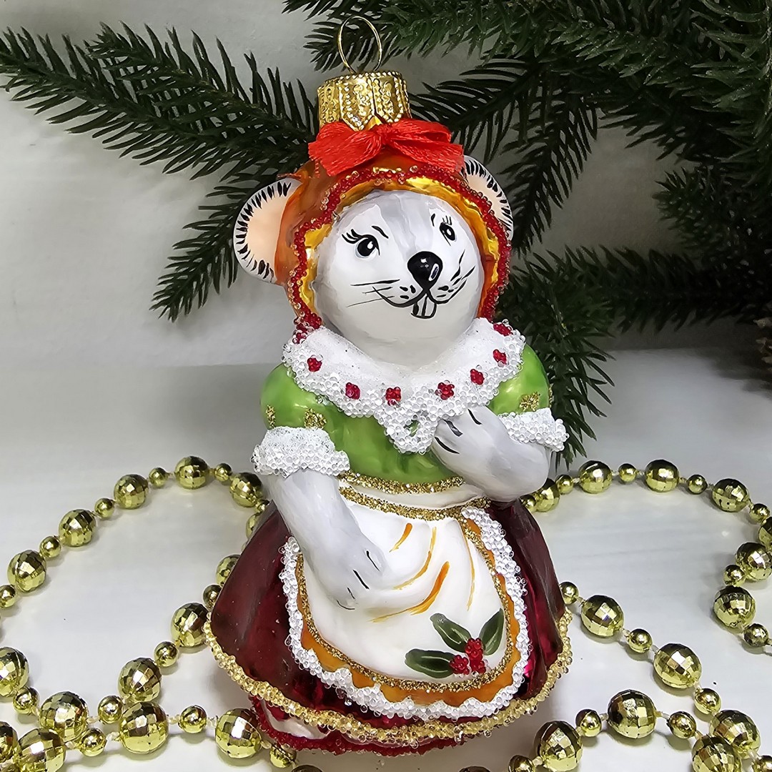 фото Стеклянная елочная игрушка Мышка хозяйка