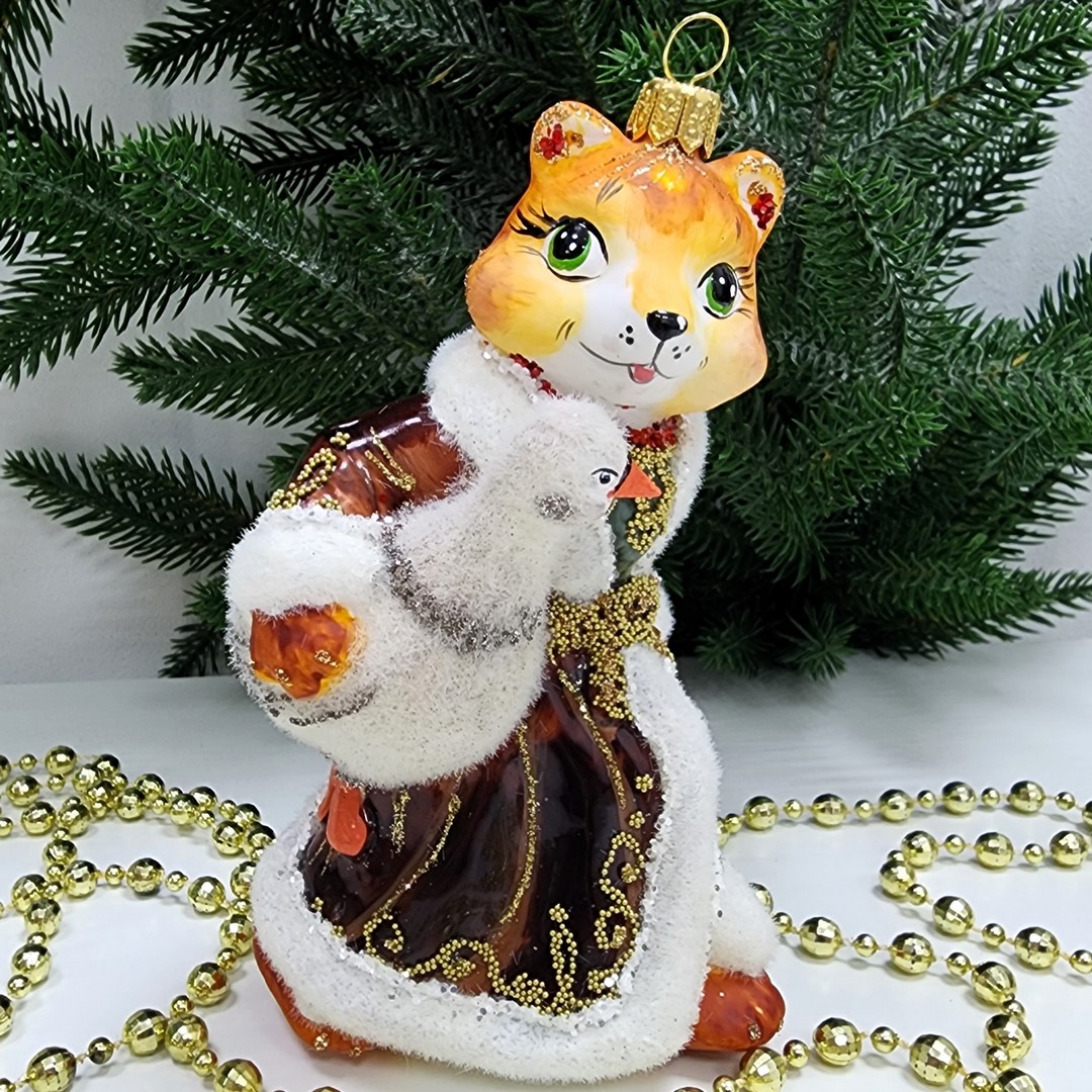 фото Стеклянная елочная игрушка Лиса с гусем