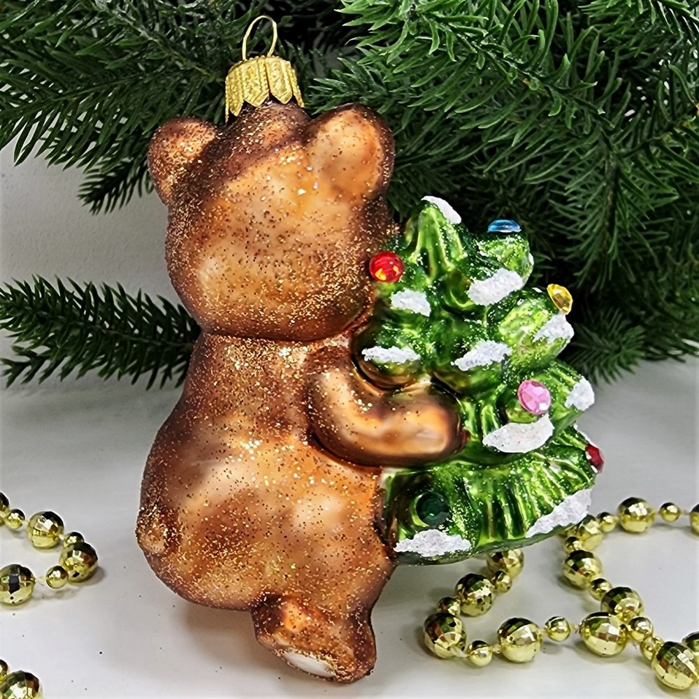 фото Стеклянная елочная игрушка Мишка с елкой