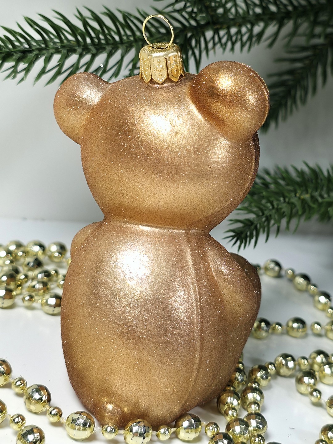 фото Стеклянная елочная игрушка Мишка с бантом