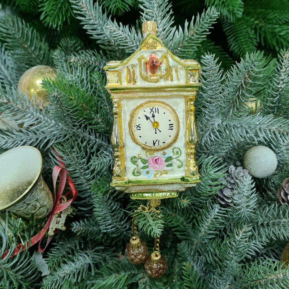 фото Стеклянная елочная игрушка Часы с кукушкой большие Версаль