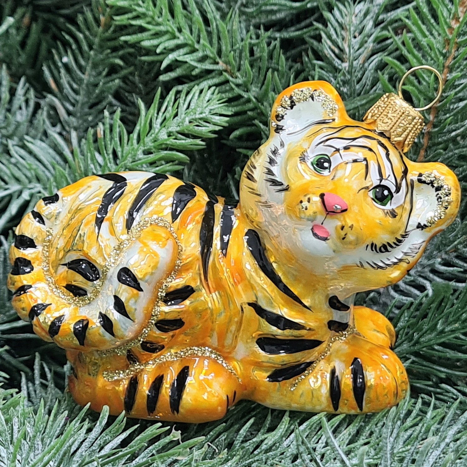 фото Стеклянная елочная игрушка Тигренок играет