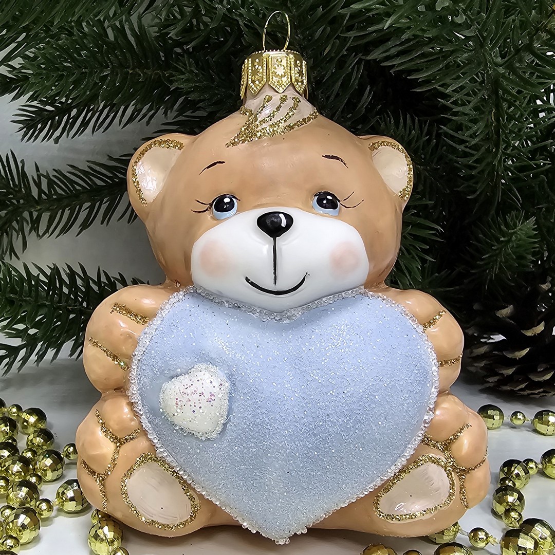 фото Стеклянная елочная игрушка Мишка с сердцем